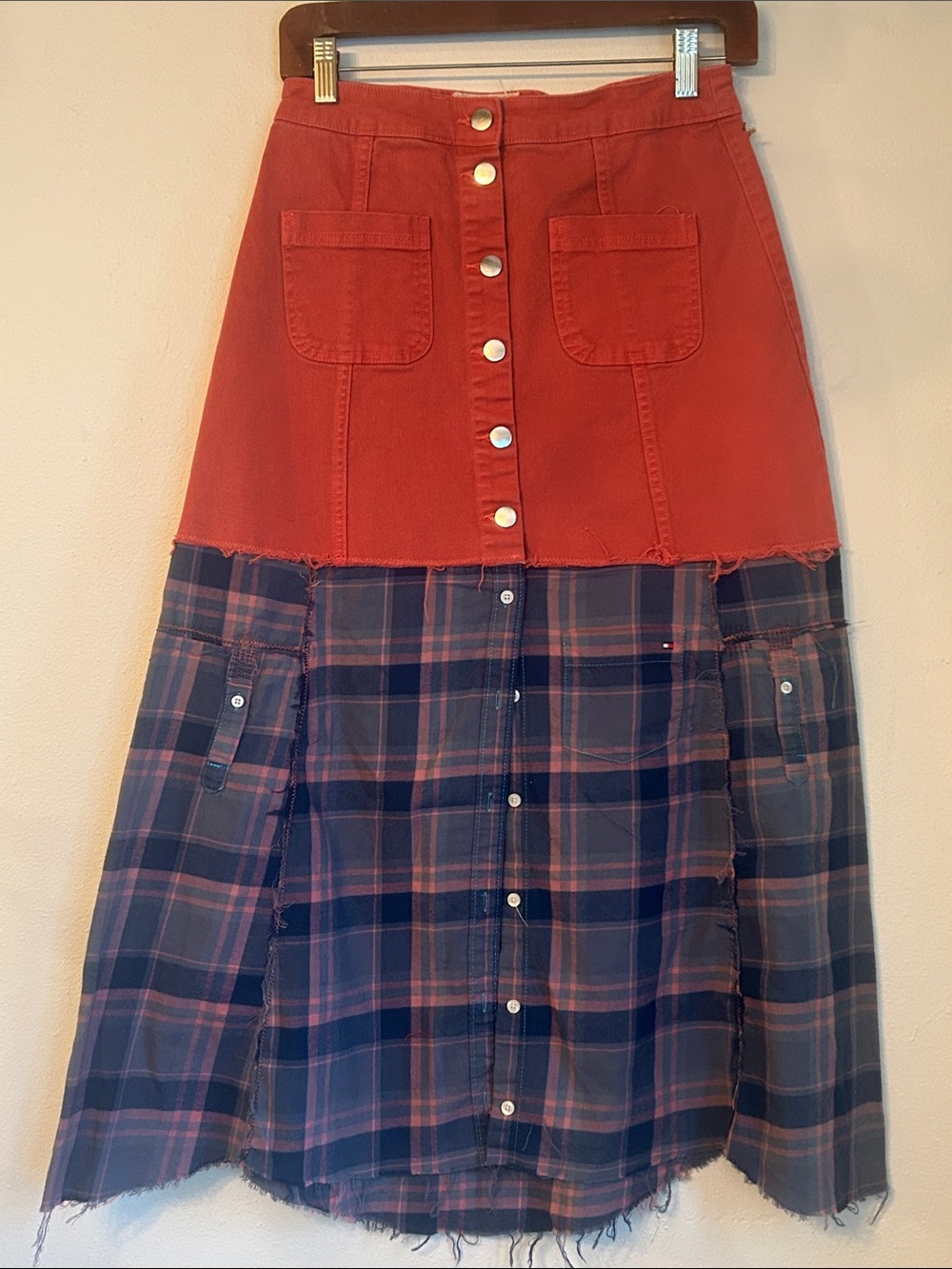 Upcycled coral denim and plaid button shirt skirt